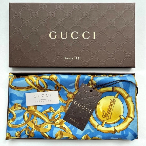 Gucci Accessories - Nwt&box AUTHENTIC Gucci Vibrant Blue and Gold Patterned Scarf
